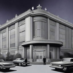 A depiction of a fancy silver hotel built in 1962, set in the year 1998