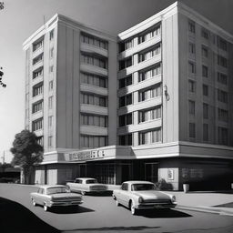 A depiction of a fancy silver hotel built in 1962, set in the year 1998