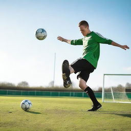 A man shooting a football into the left corner of a goal on a football pitch