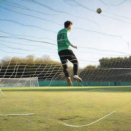 A man shooting a football into the left corner of a goal on a football pitch