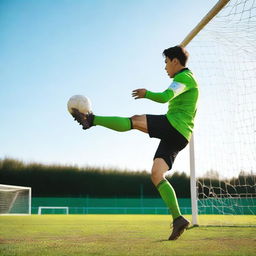 A man shooting a football into the left corner of a goal on a football pitch