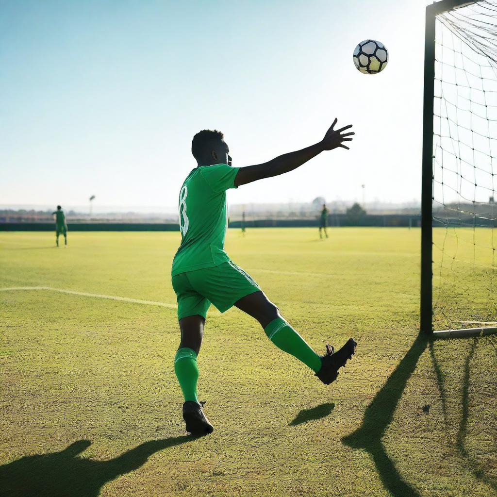 A man shooting a football into the left corner of a goal on a football pitch