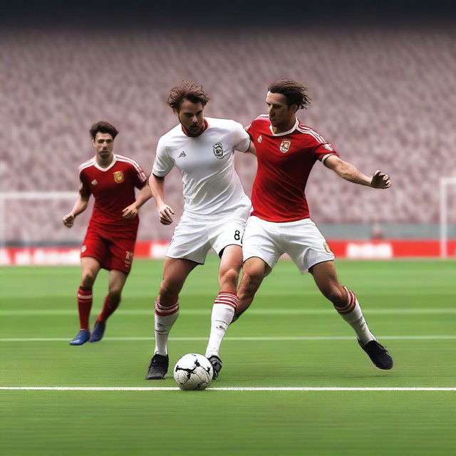 Create a realistic image of a football player with brown hair taking a volley