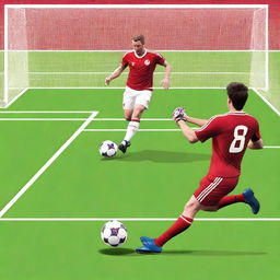 Create a realistic image of a football player with brown hair taking a volley