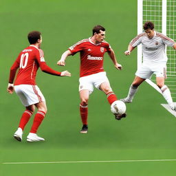 Create a realistic image of a football player with brown hair taking a volley