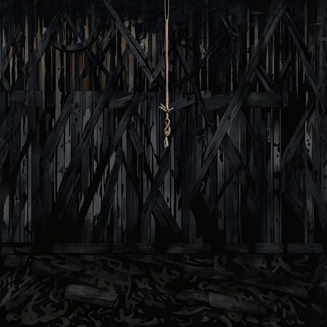 An abstract illustration of a dilapidated barn with a noose hanging from the rafters