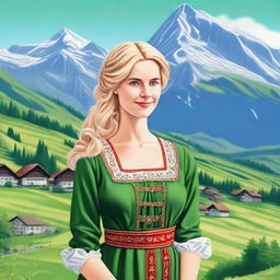 A beautiful Swiss girl with blonde hair, wearing traditional Swiss dress, standing in the picturesque Alps