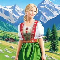 A beautiful Swiss girl with blonde hair, wearing traditional Swiss dress, standing in the picturesque Alps