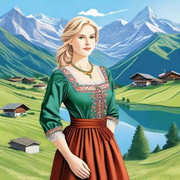 A beautiful Swiss girl with blonde hair, wearing traditional Swiss dress, standing in the picturesque Alps