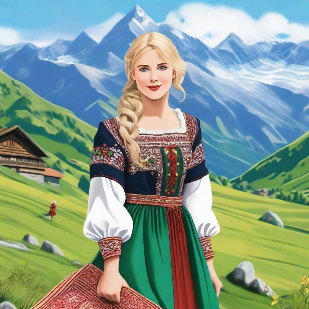 A beautiful Swiss girl with blonde hair, wearing traditional Swiss dress, standing in the picturesque Alps