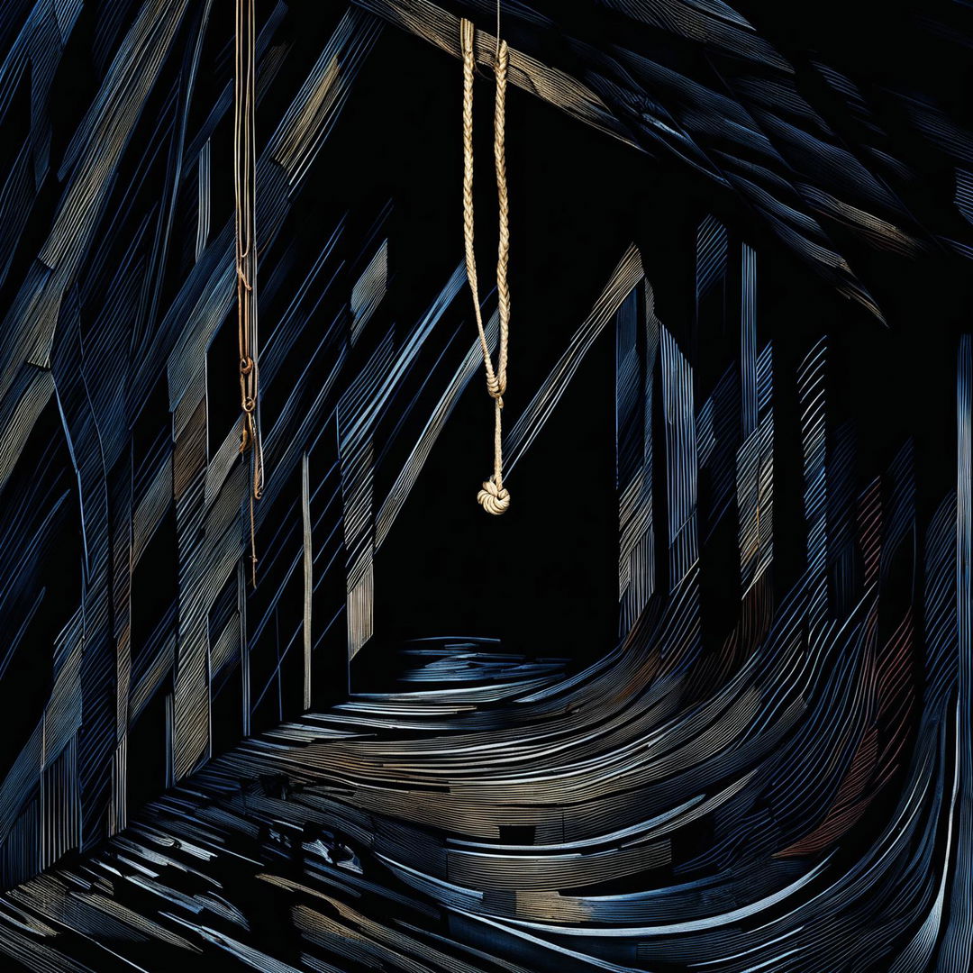 An abstract illustration of a fragmented barn with a noose hanging from the rafters