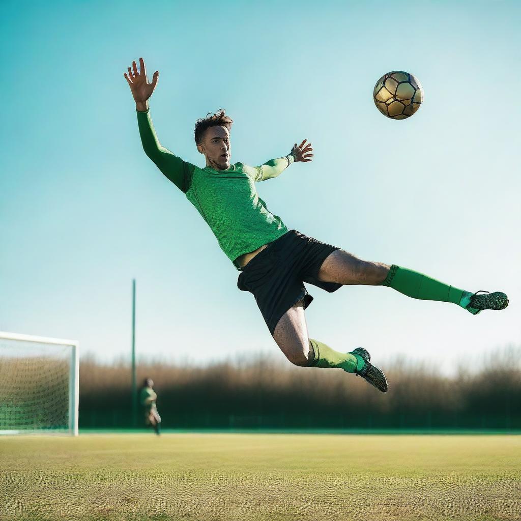 A man performing a bicycle kick towards the goal on a football pitch