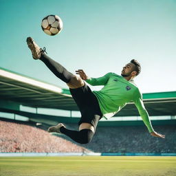 A man performing a bicycle kick towards the goal on a football pitch