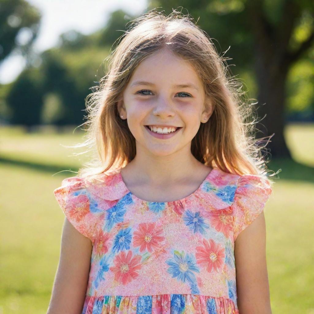 A portrait of a young girl with sparkling eyes and a bright smile, wearing a vibrant, summer dress against a backdrop of a sunlit park.