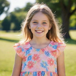 A portrait of a young girl with sparkling eyes and a bright smile, wearing a vibrant, summer dress against a backdrop of a sunlit park.