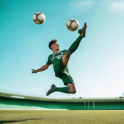 A man performing a bicycle kick towards the goal on a football pitch