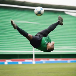 A man performing a bicycle kick towards the goal on a football pitch