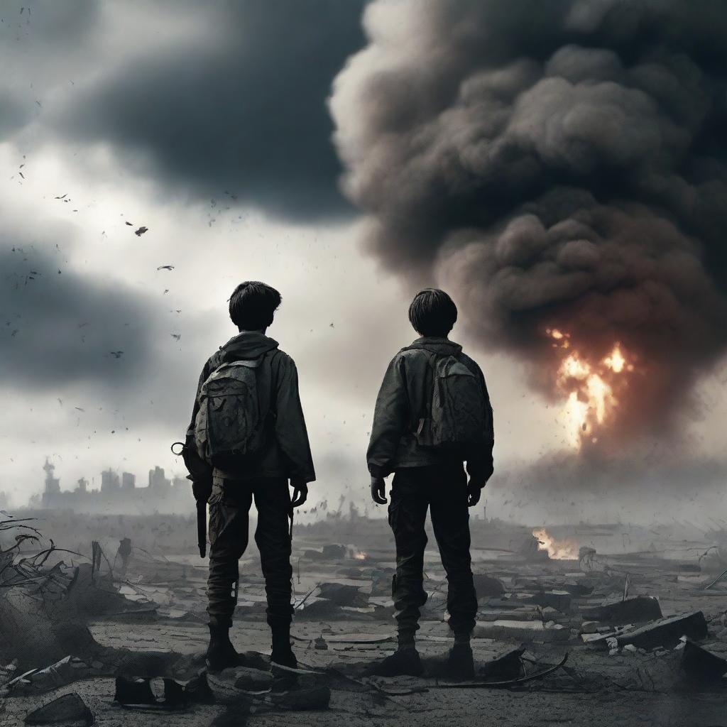 Two teenage boys stand on a battlefield amidst a war, with a nuclear bomb going off in the background