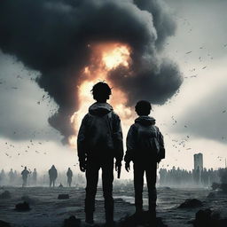 Two teenage boys stand on a battlefield amidst a war, with a nuclear bomb going off in the background