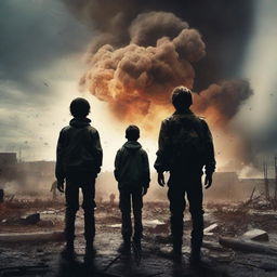 Two teenage boys stand on a battlefield amidst a war, with a nuclear bomb going off in the background