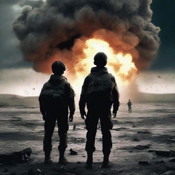 Two teenage boys stand on a battlefield amidst a war, with a nuclear bomb going off in the background