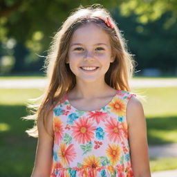 A portrait of a young girl with sparkling eyes and a bright smile, wearing a vibrant, summer dress against a backdrop of a sunlit park.