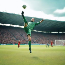 A man performing a last-minute bicycle kick to win the game for his team