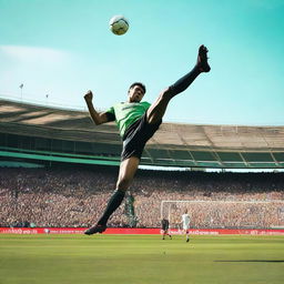 A man performing a last-minute bicycle kick to win the game for his team