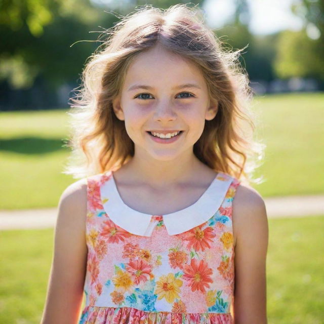 A portrait of a young girl with sparkling eyes and a bright smile, wearing a vibrant, summer dress against a backdrop of a sunlit park.