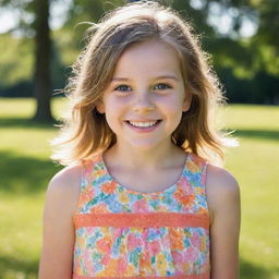 A portrait of a young girl with sparkling eyes and a bright smile, wearing a vibrant, summer dress against a backdrop of a sunlit park.