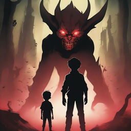 A young boy standing with a menacing demon figure looming behind him