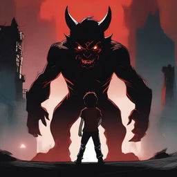 A young boy standing with a menacing demon figure looming behind him