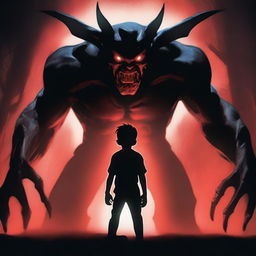 A young boy standing with a menacing demon figure looming behind him