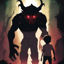 A young boy standing with a menacing demon figure looming behind him