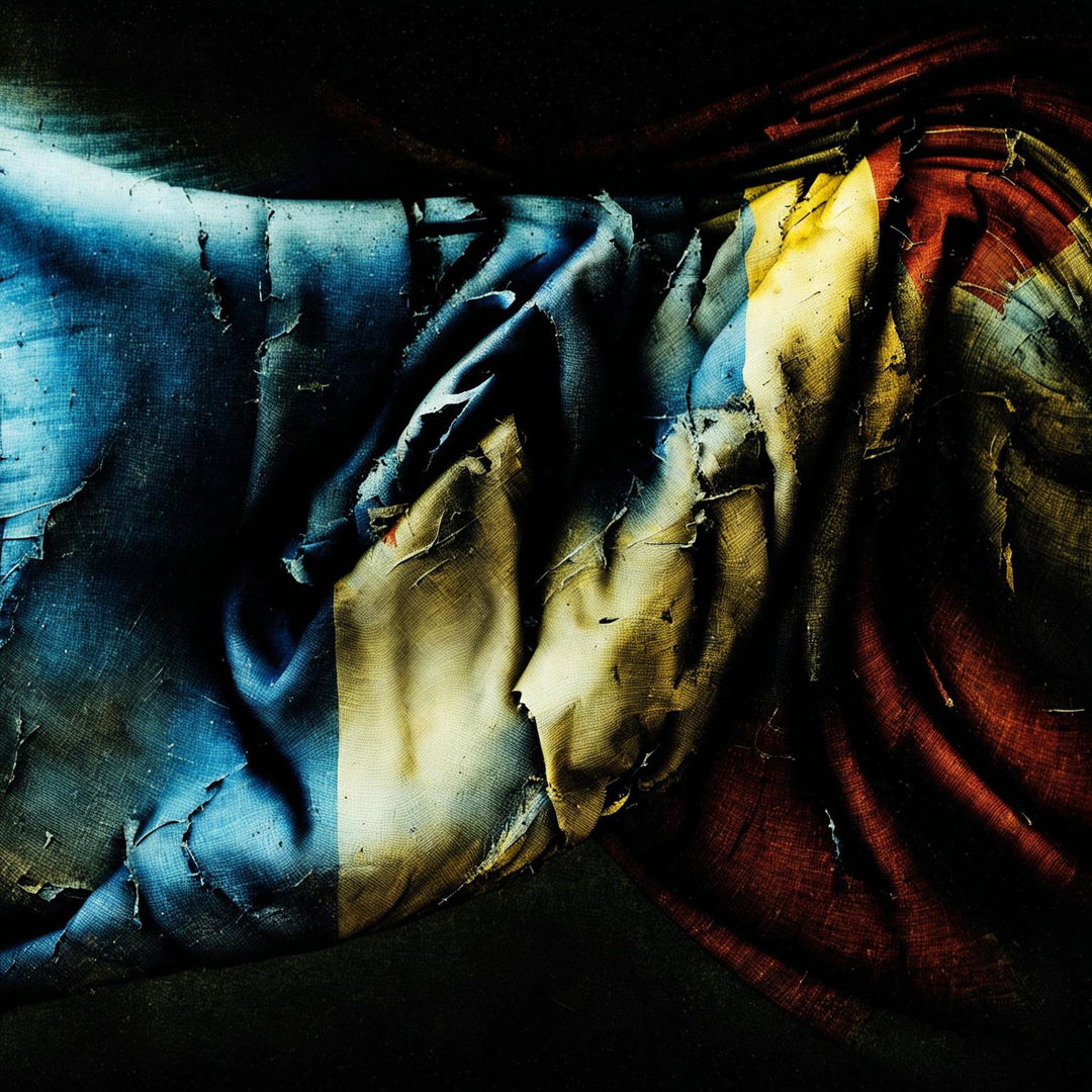 An abstract illustration of a tattered Romanian flag with frayed edges, rips, and tears, set against a dark, swirling background