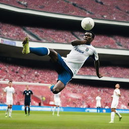 A dynamic and action-packed scene of a soccer player performing a bicycle kick during a game