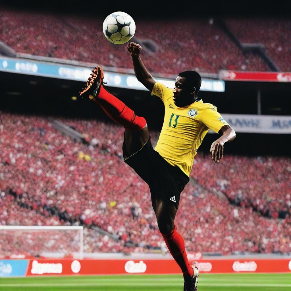 A dynamic and action-packed scene of a soccer player performing a bicycle kick during a game