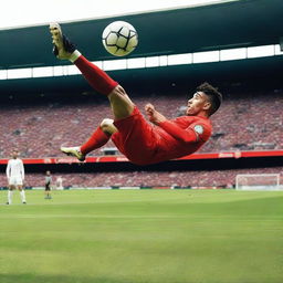 A dynamic and action-packed scene of a soccer player performing a bicycle kick during a game