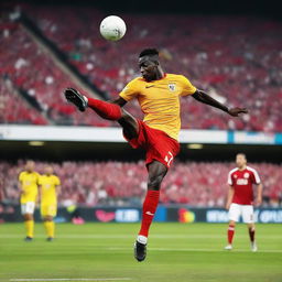 A dynamic and action-packed scene of a soccer player performing a bicycle kick during a game