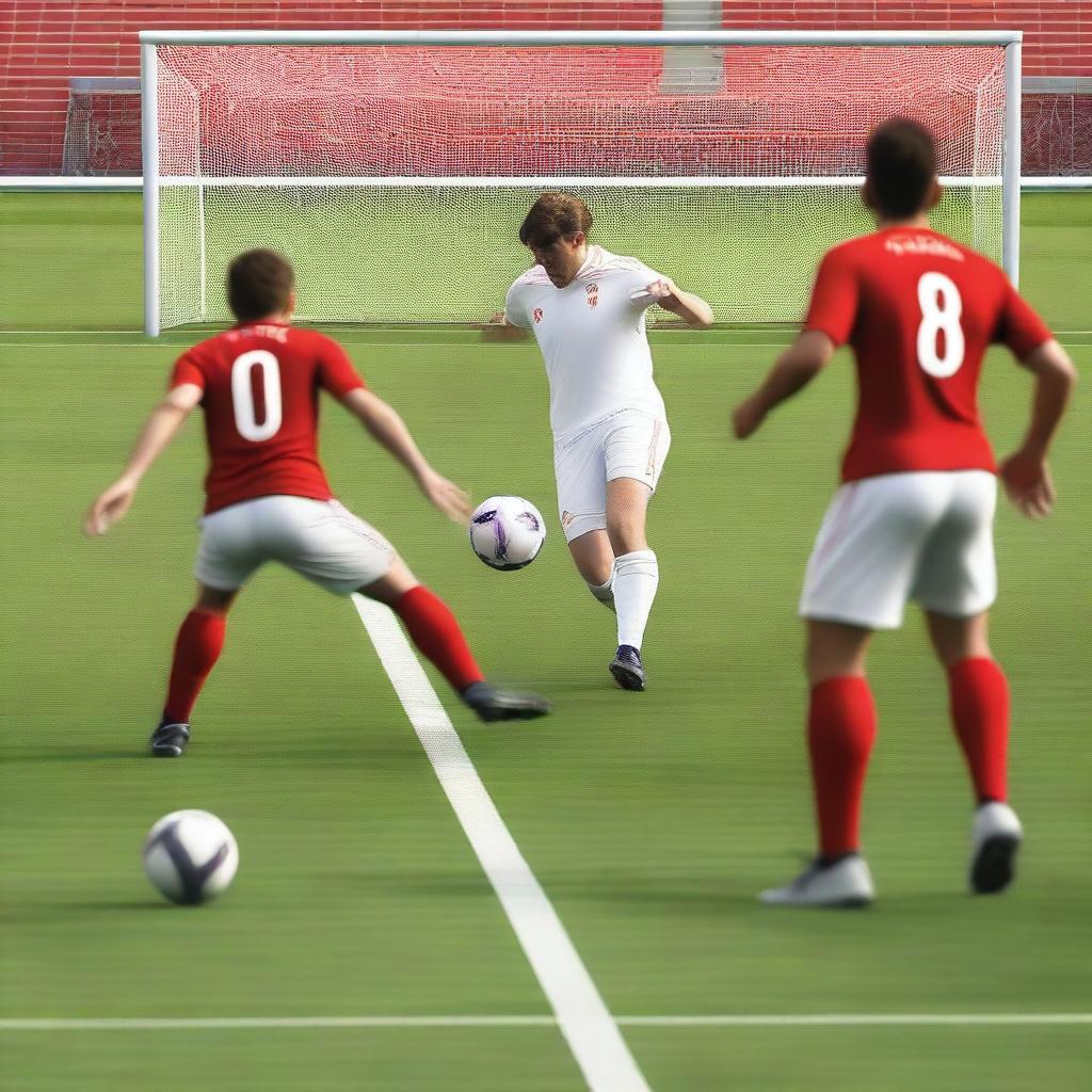 Create a realistic image of a football player with brown hair taking a volley