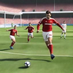 Create a realistic image of a football player with brown hair taking a volley