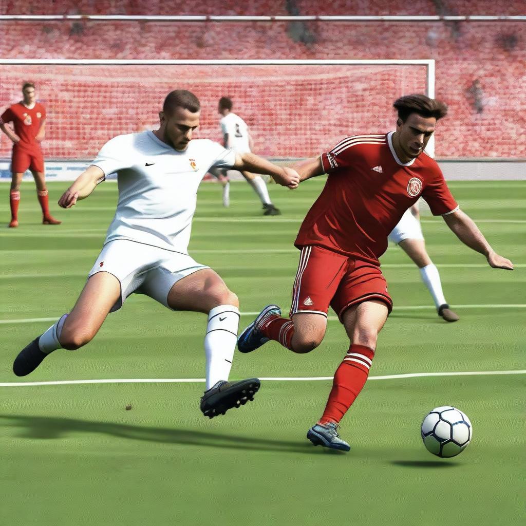 Create a realistic image of a football player with brown hair taking a volley