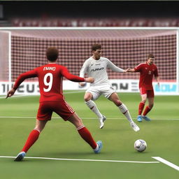 Create a realistic image of a football player with brown hair taking a volley