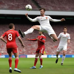 Create a realistic image of a football player with brown hair taking a bicycle kick