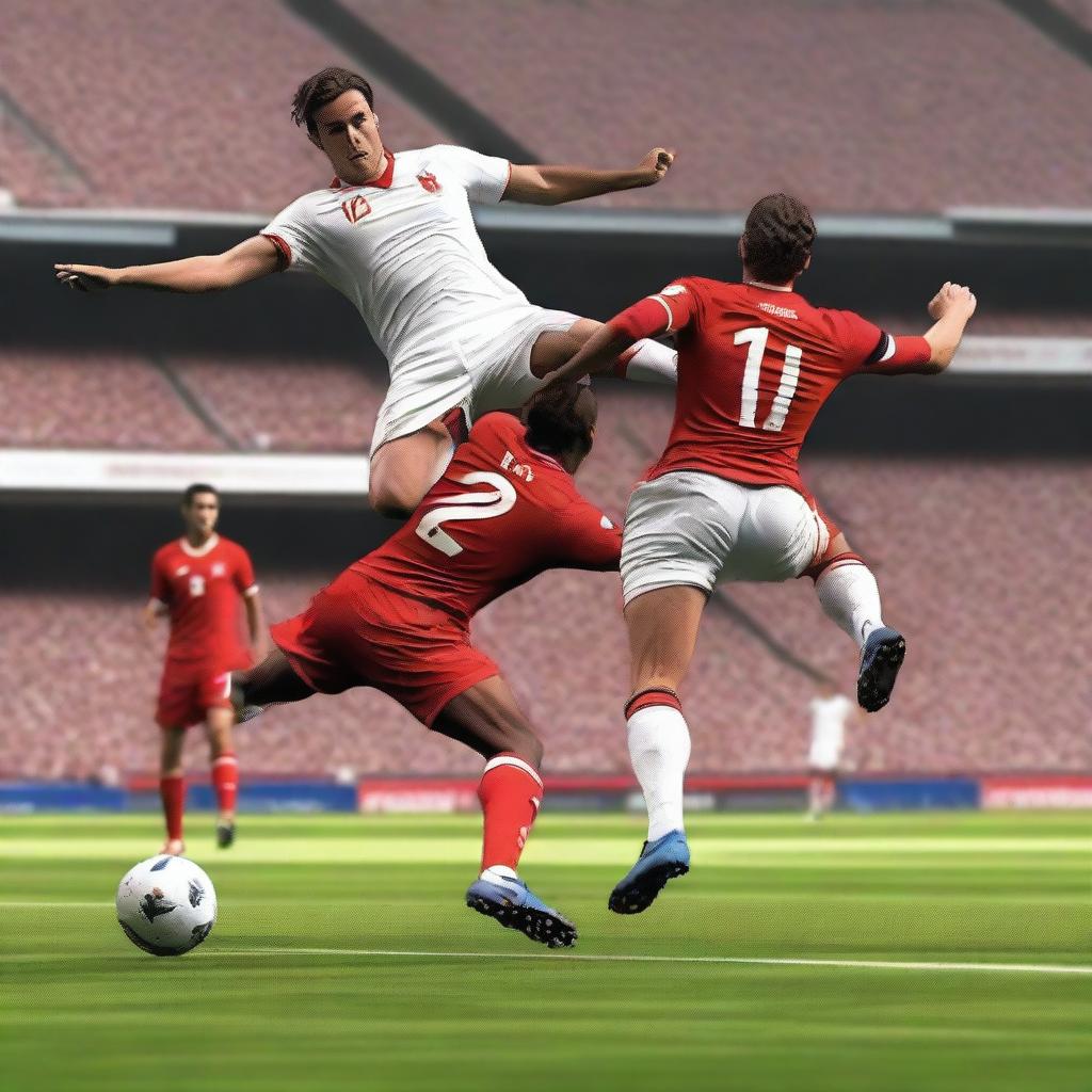 Create a realistic image of a football player with brown hair taking a bicycle kick