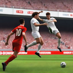 Create a realistic image of a football player with brown hair taking a bicycle kick