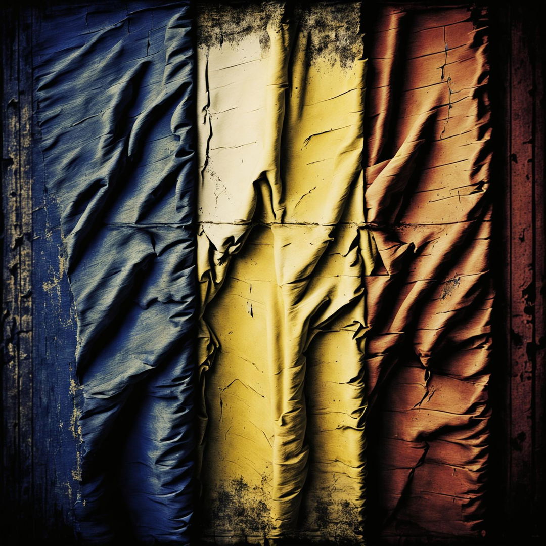 A tattered and weathered background featuring the Romanian flag's colors—blue, yellow, and red