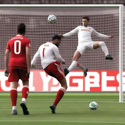 Create a realistic image of a football player with brown hair taking a bicycle kick