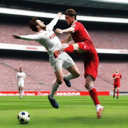 Create a realistic image of a football player with brown hair taking a bicycle kick