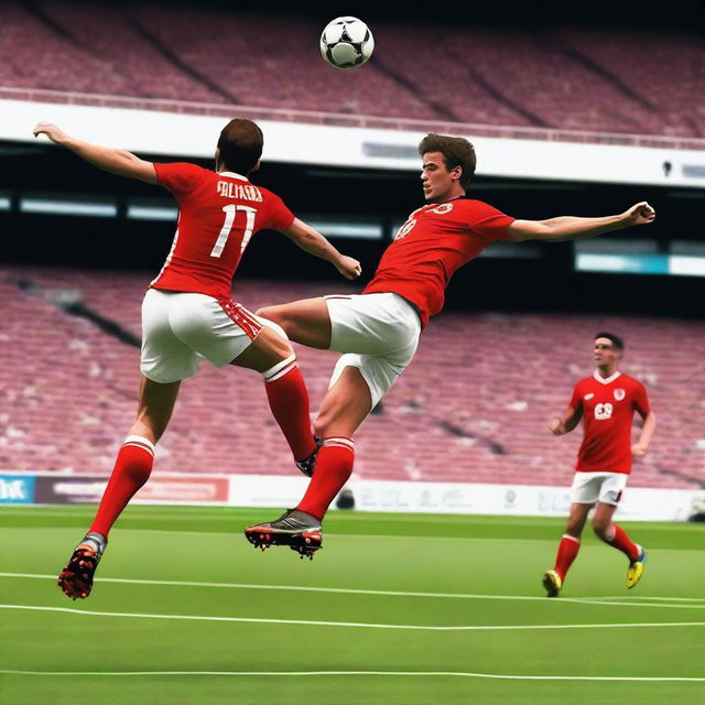 Create a realistic image of a football player with brown hair taking a bicycle kick